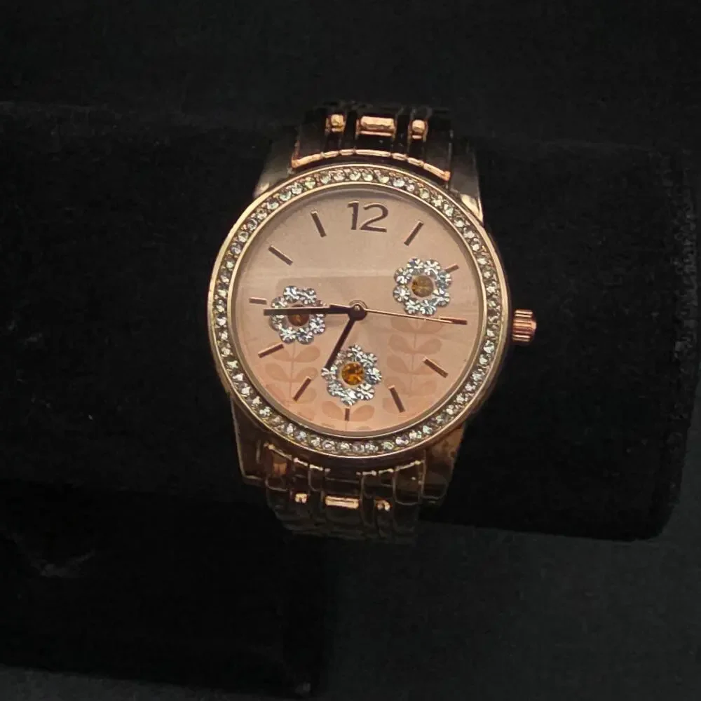Women's Accutime Rose Gold Tone Quartz Watch‎ Rhinestone Flowers WORKS